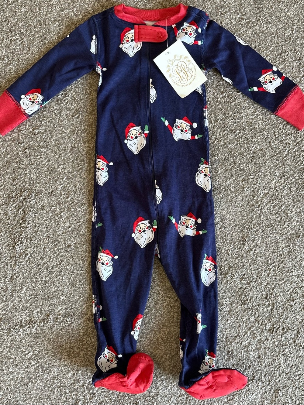 The Beaufort Bonnet Company Navy Santa Footed One-Piece with Red Trim